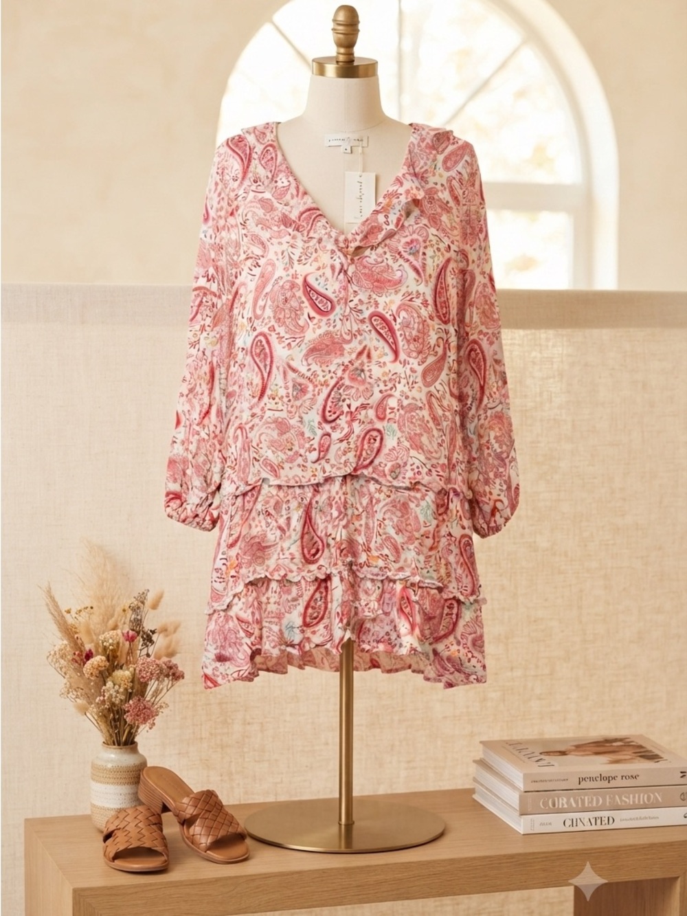 Pink Paisley Ruffle V-Neck Tunic